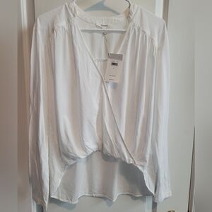 NEW Splendid Top M White Surplice Wrap Front Tee Shirt Back Hi Low Long Sl Shirt